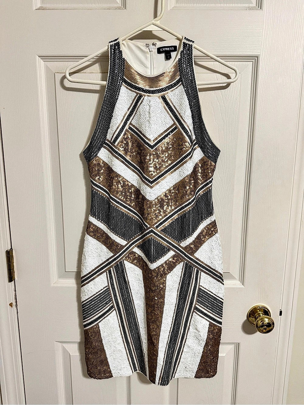 Express Geometric Sequin Halter Mini Dress Brown & Black Small Like New